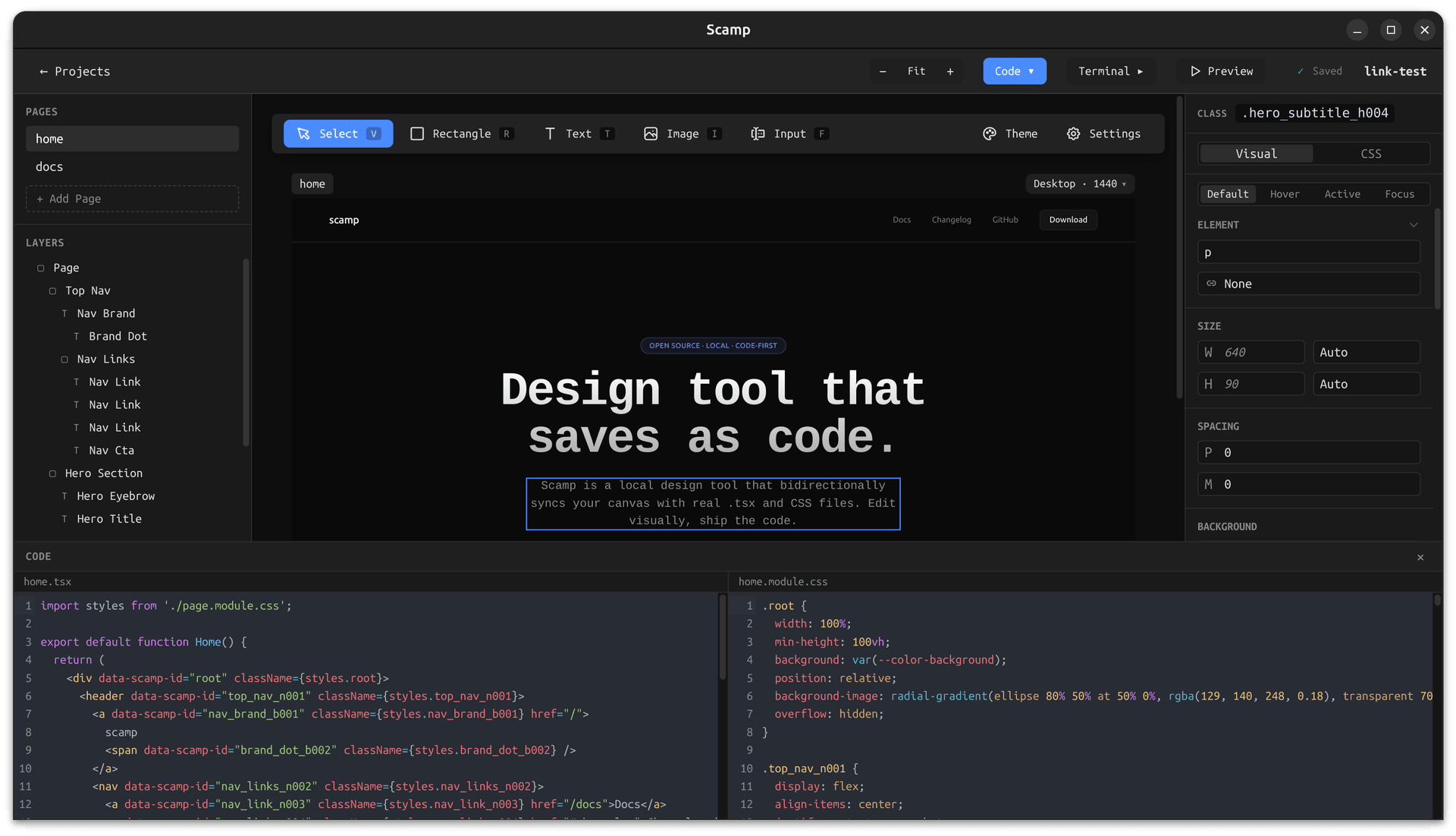Scamp with the code panel open, showing the generated TSX and CSS Modules files for the current design